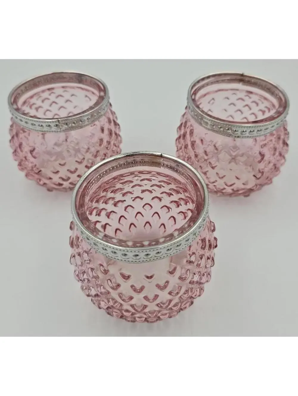 Set of 3 Pink Hobnail Glass Jars/Candle Holders w/Silver Bands